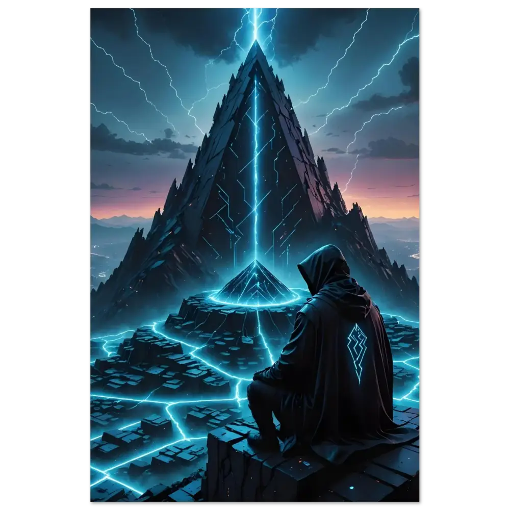 Hooded figure standing before a glowing pyramid in Electric Ascension Aluminum Wall Art