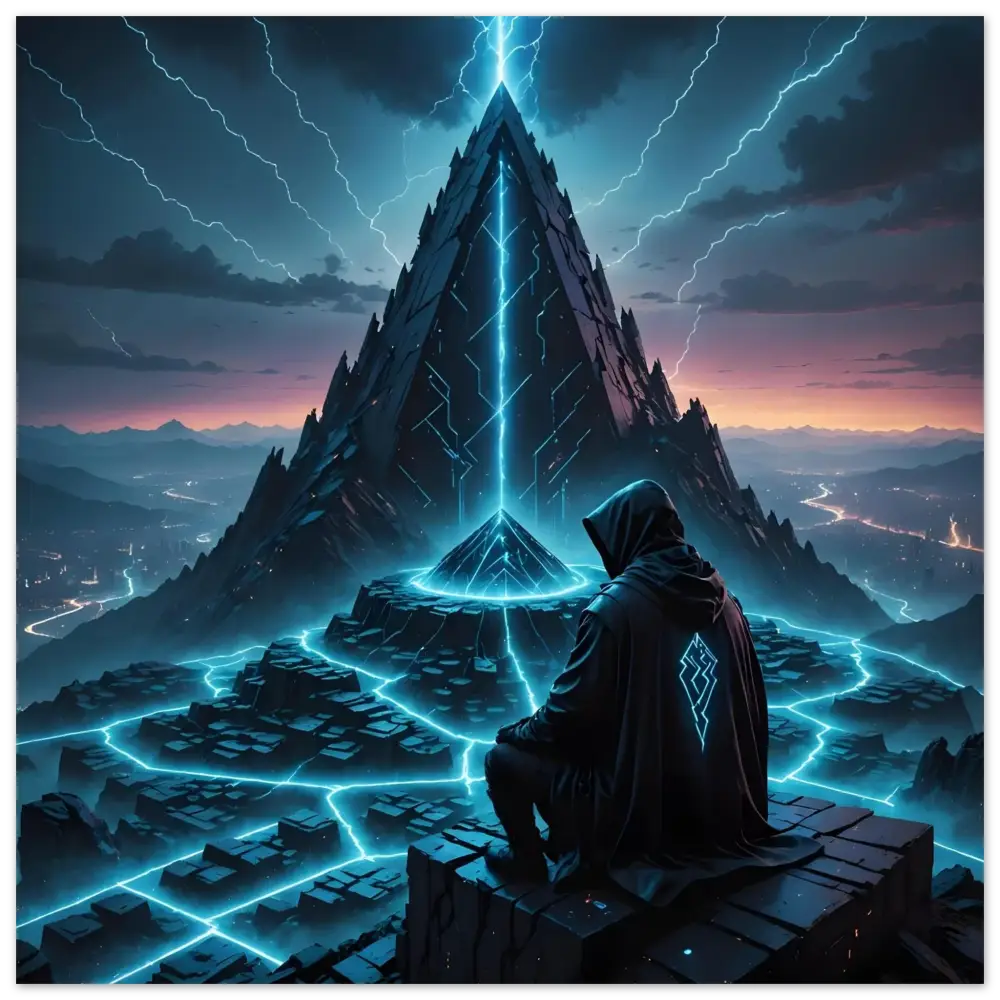 Hooded figure standing before a glowing Pyramid in Electric Ascension Aluminum Wall Art