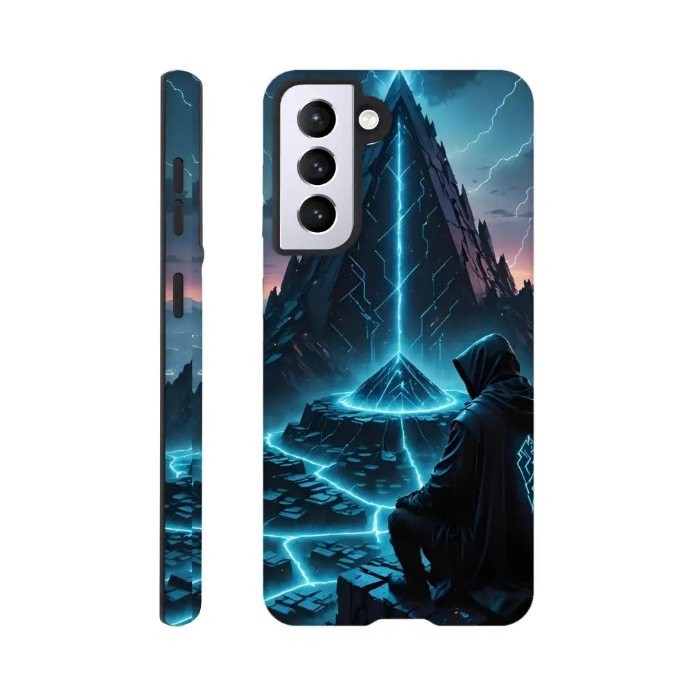 Electric Ascension Samsung Tough Case with mystical hooded figure and glowing pyramid design