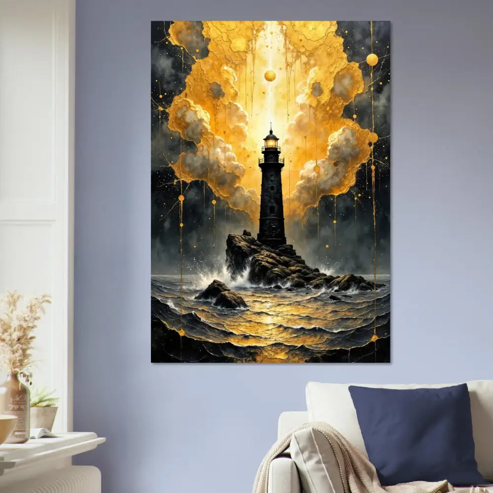 Fine Art Poster – Beacon of the Veil features a lone lighthouse pierces stormy sea with black waves crash and abstract clouds shimmer