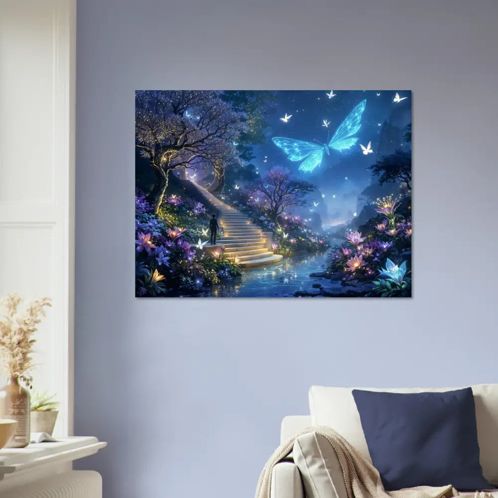 Fantasy butterfly garden wall art displayed on Fine Art Poster Biolumina The Valley Beyond