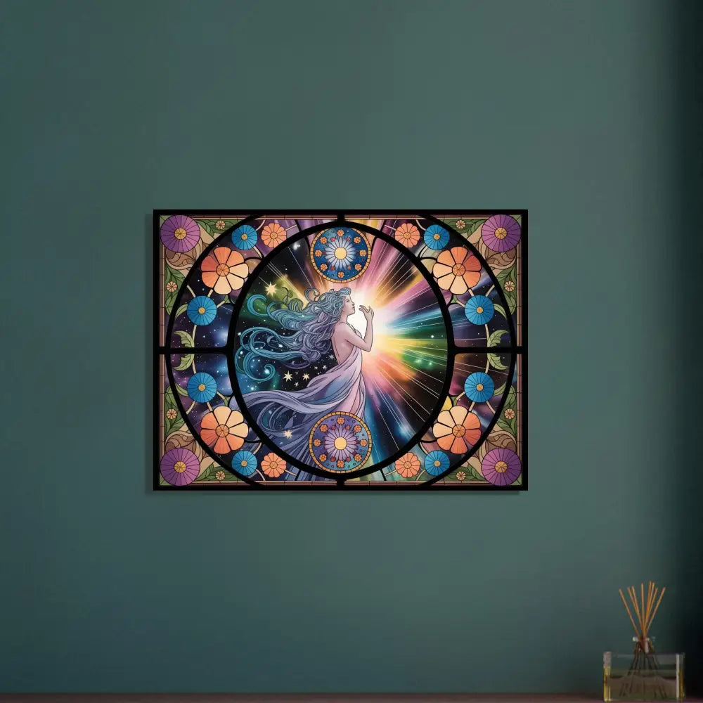 Framed stained-glass-style artwork from PixiOnyx Radiant Glass Series celestial bloom product
