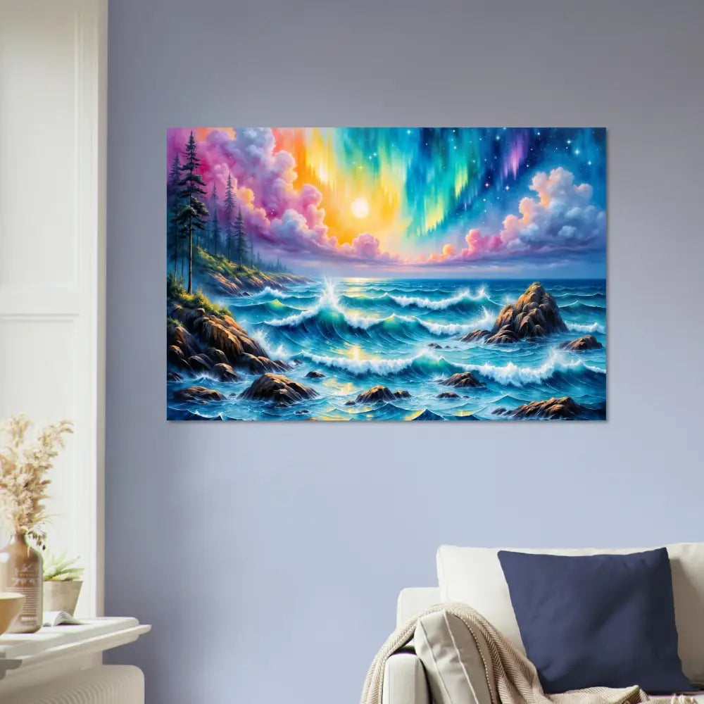 Fine art poster of celestial tide with vibrant aurora borealis over sky where waves crash