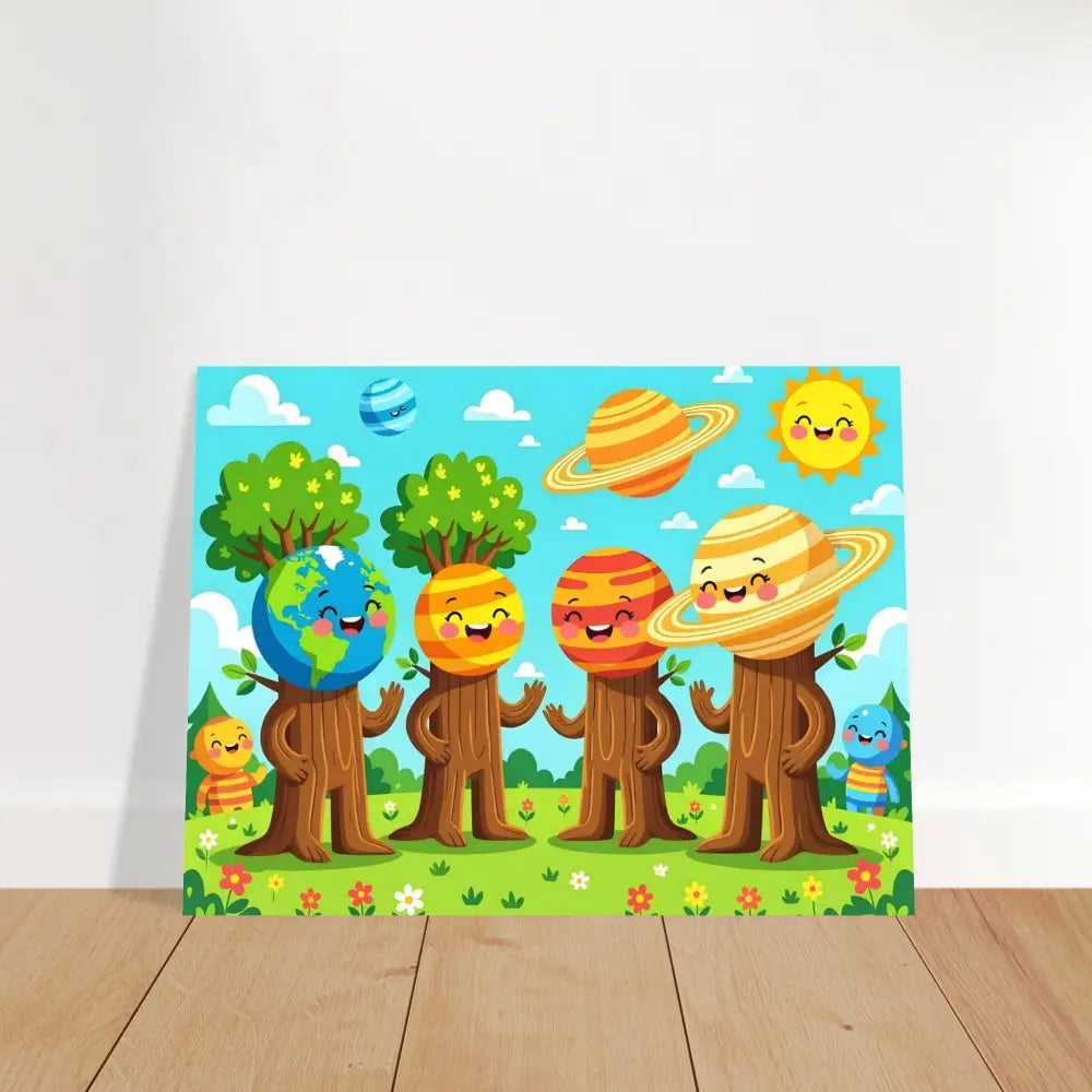 Cartoon planet-themed wall art from PixiOnyx Stellar Kids Art Fine Art Poster