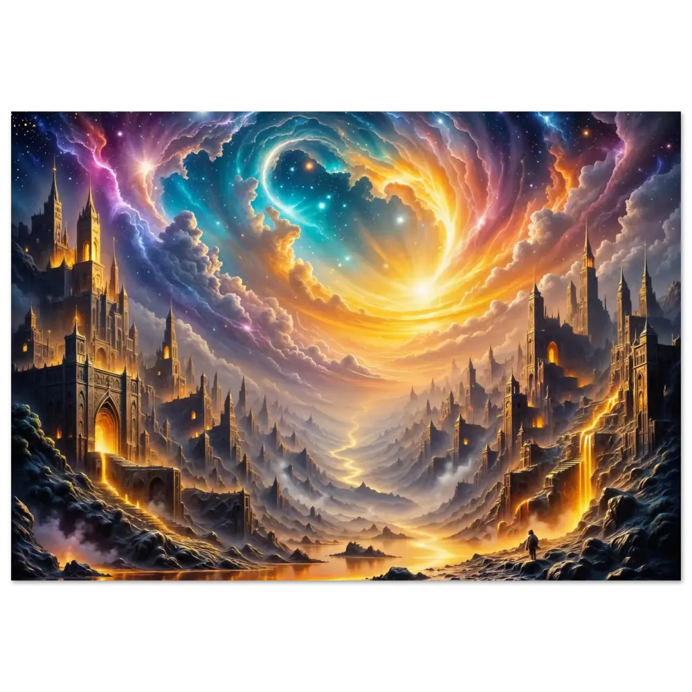 Fine art poster of Eclipsed Citadel with glowing castles in a colorful dreamscape scene