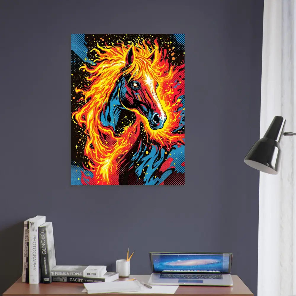 Vibrant pop art poster of a flaming horse with ablaze fuses surreal motion and hypnotic elegance