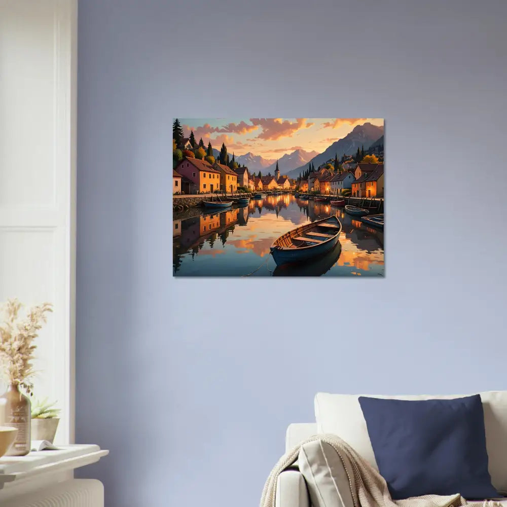 Picturesque lakeside village painting used in Fine Art Poster Evening Glow on the Water