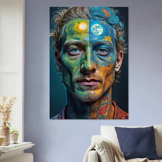 Surreal portrait with Sun and Moon face paint for Fine Art Poster Faces of the Wild Code