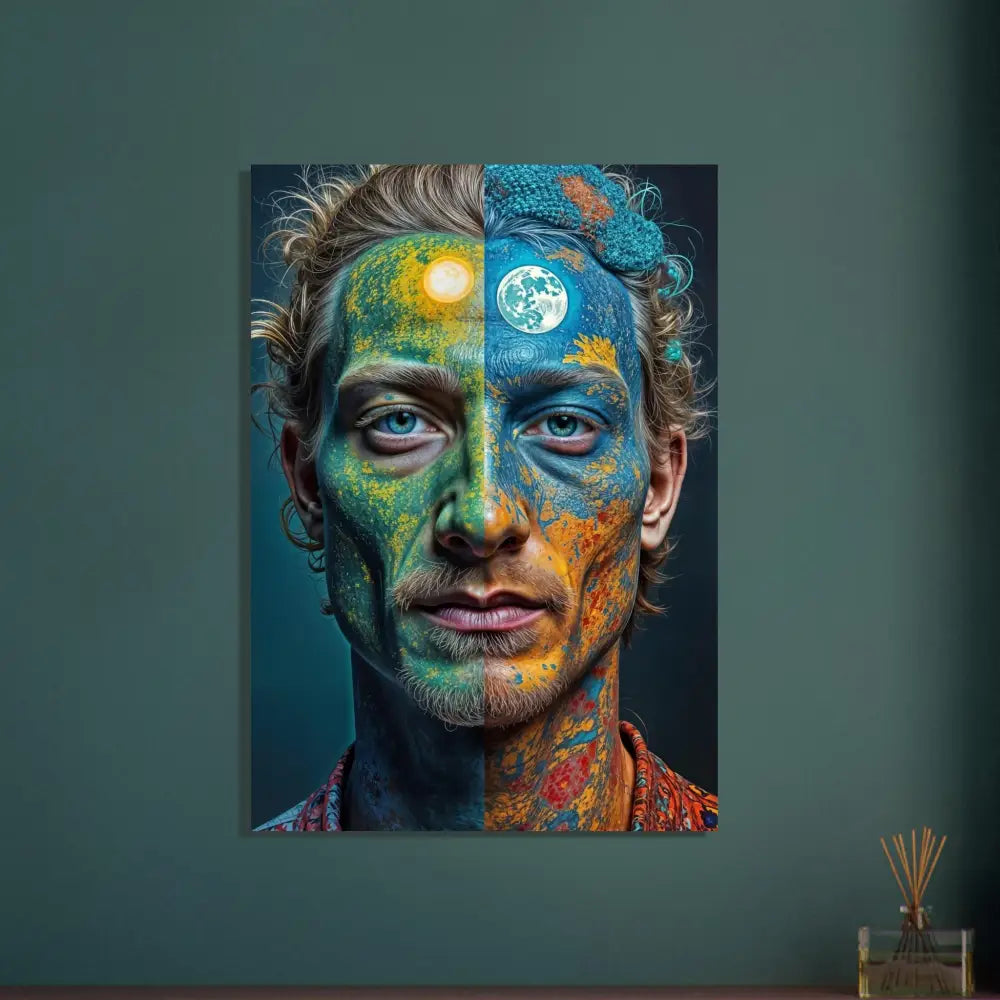 Day and night face art on psychedelic portrait poster titled Faces of the Wild Code by PixiOnyx