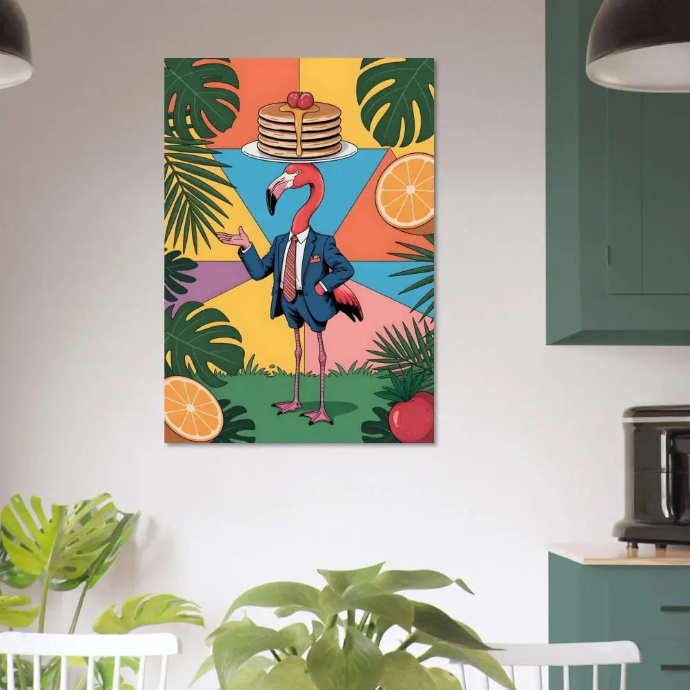 Colorful fine art poster of a flamingo waiter balancing pancakes among tropical leaves and fruit