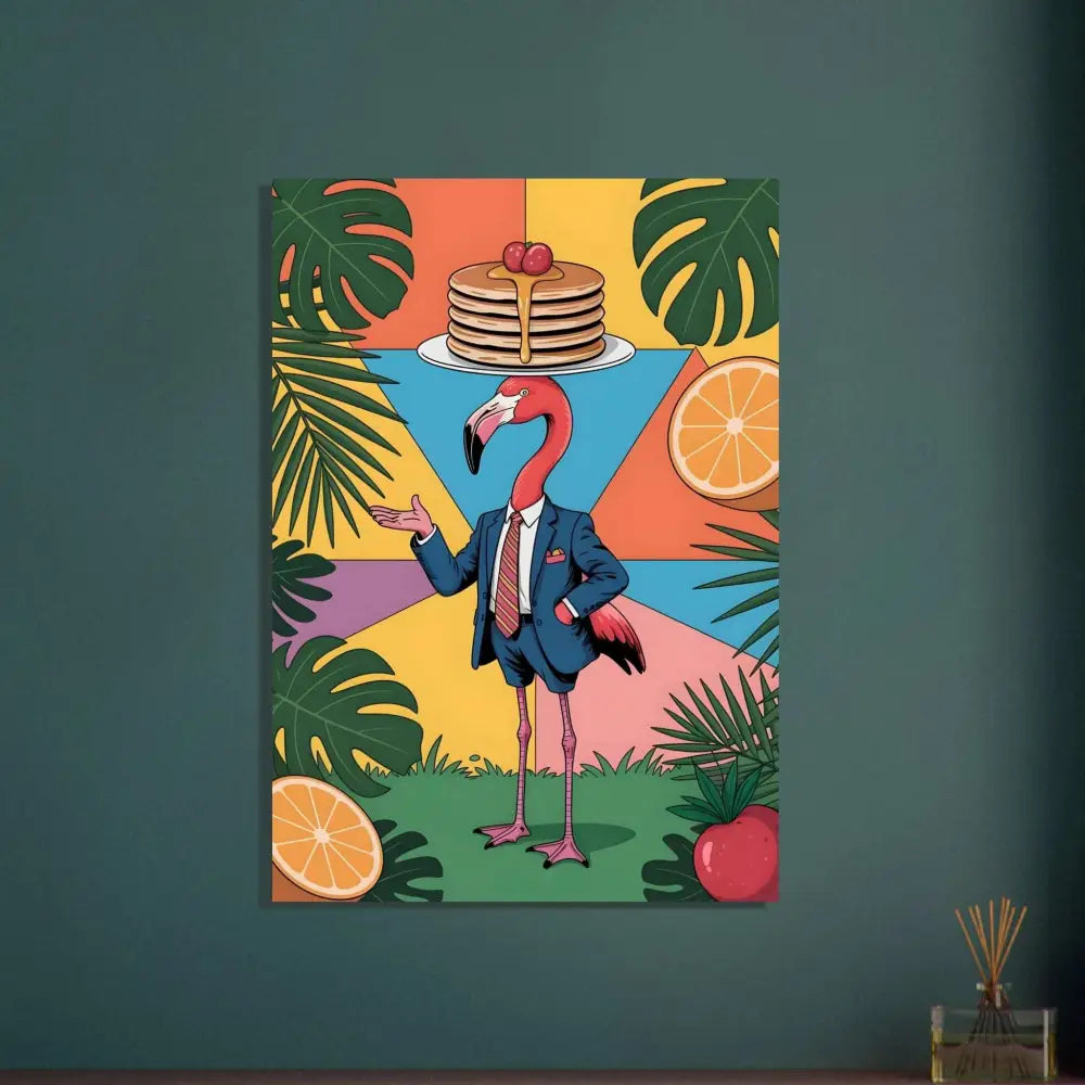 Whimsical fine art poster of a flamingo waiter balancing pancakes among tropical leaves