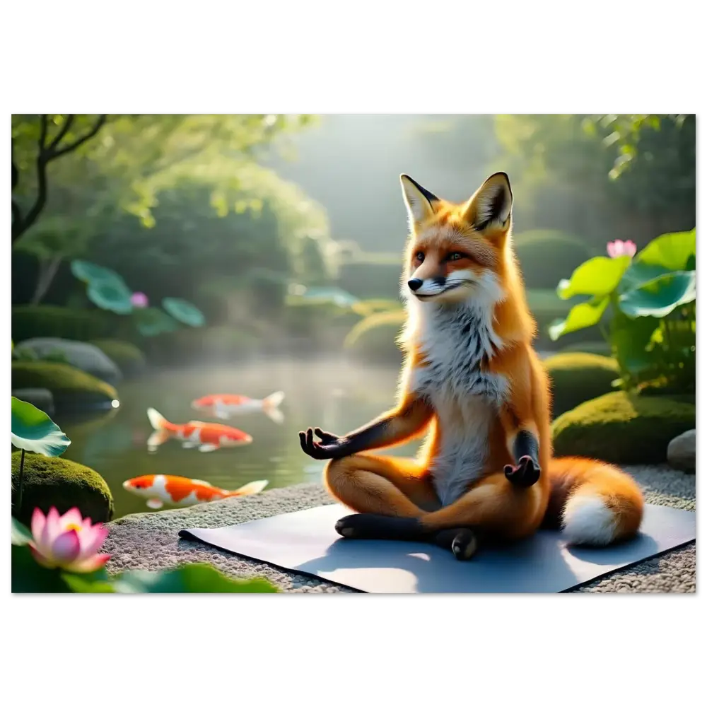 Meditating fox on yoga mat in Fine Art Poster Foxasana PixiOnyx Zen Reverie Print