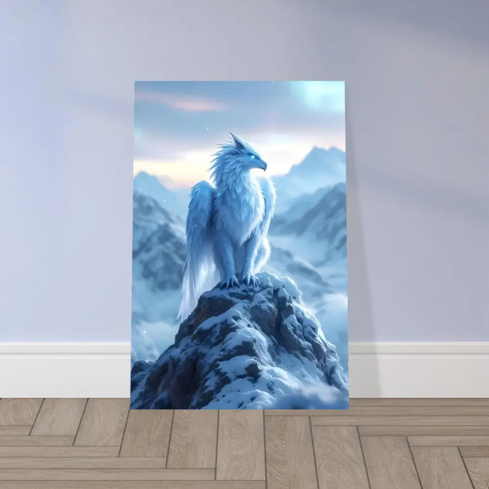 Snowy mountain eagle artwork displayed on Fine Art Poster Frostpeak Gryphon PixiOnyx