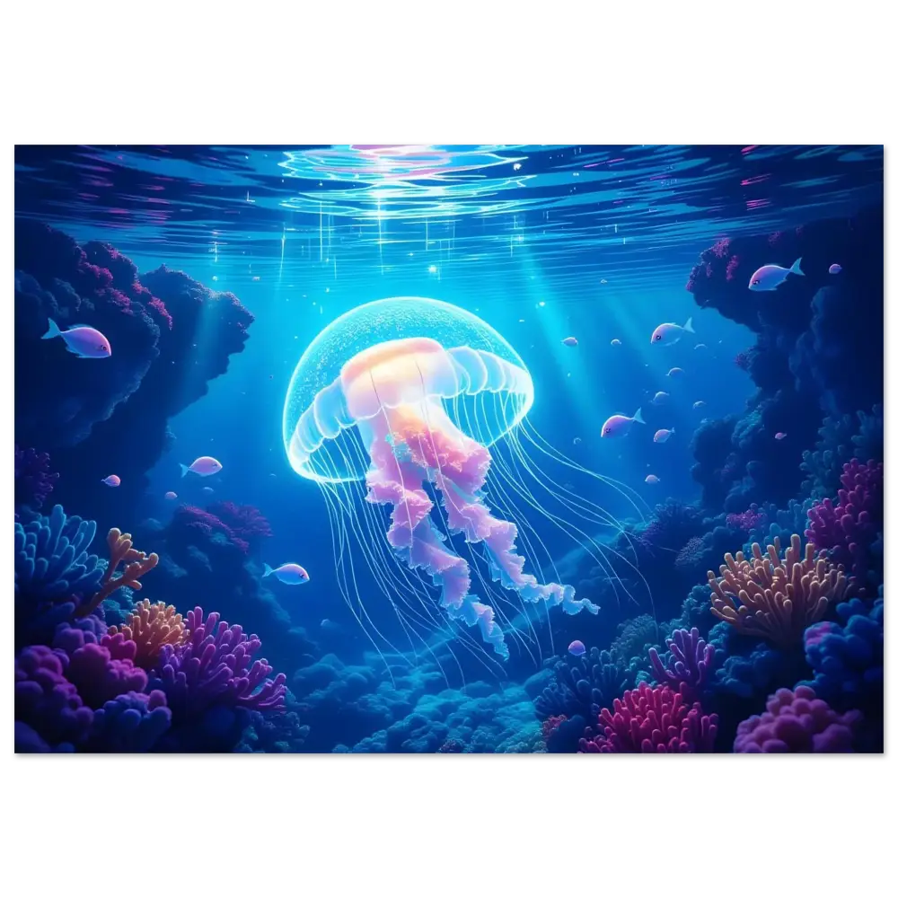 Glowing jellyfish in a coral reef matching the Fine Art Poster Cosmic Drift PixiOnyx Ocean Reverie