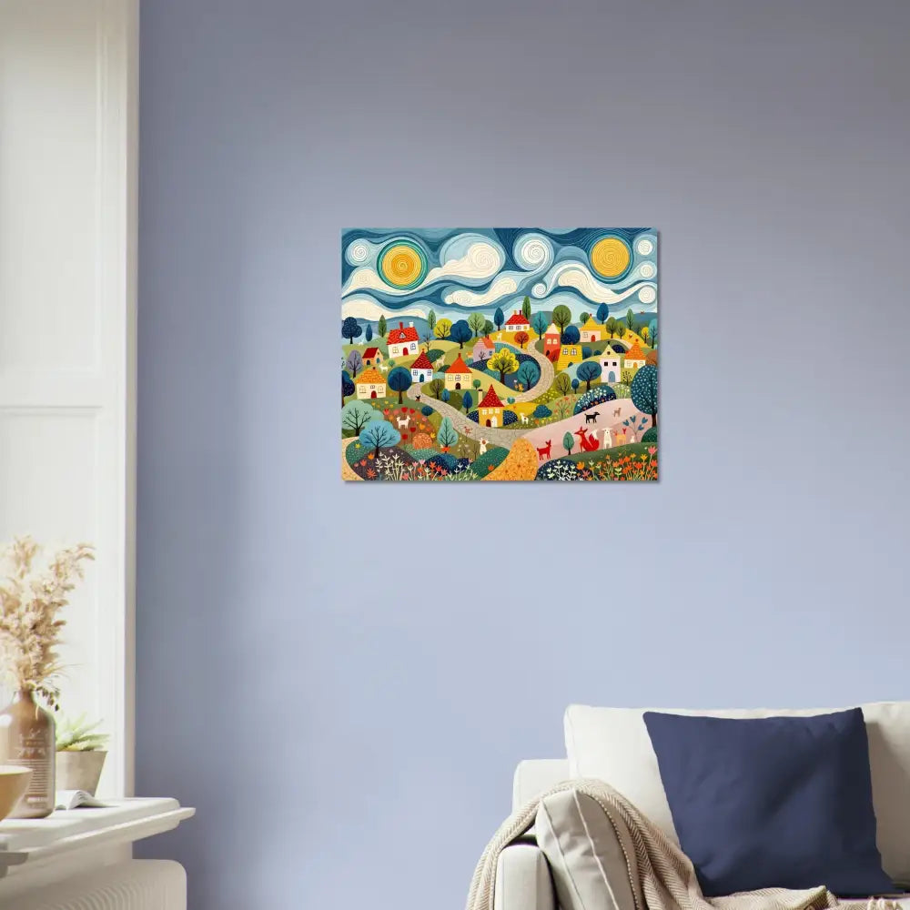 Colorful village scene painting for Fine Art Poster Hillside Harmony PixiOnyx Folk Village Print