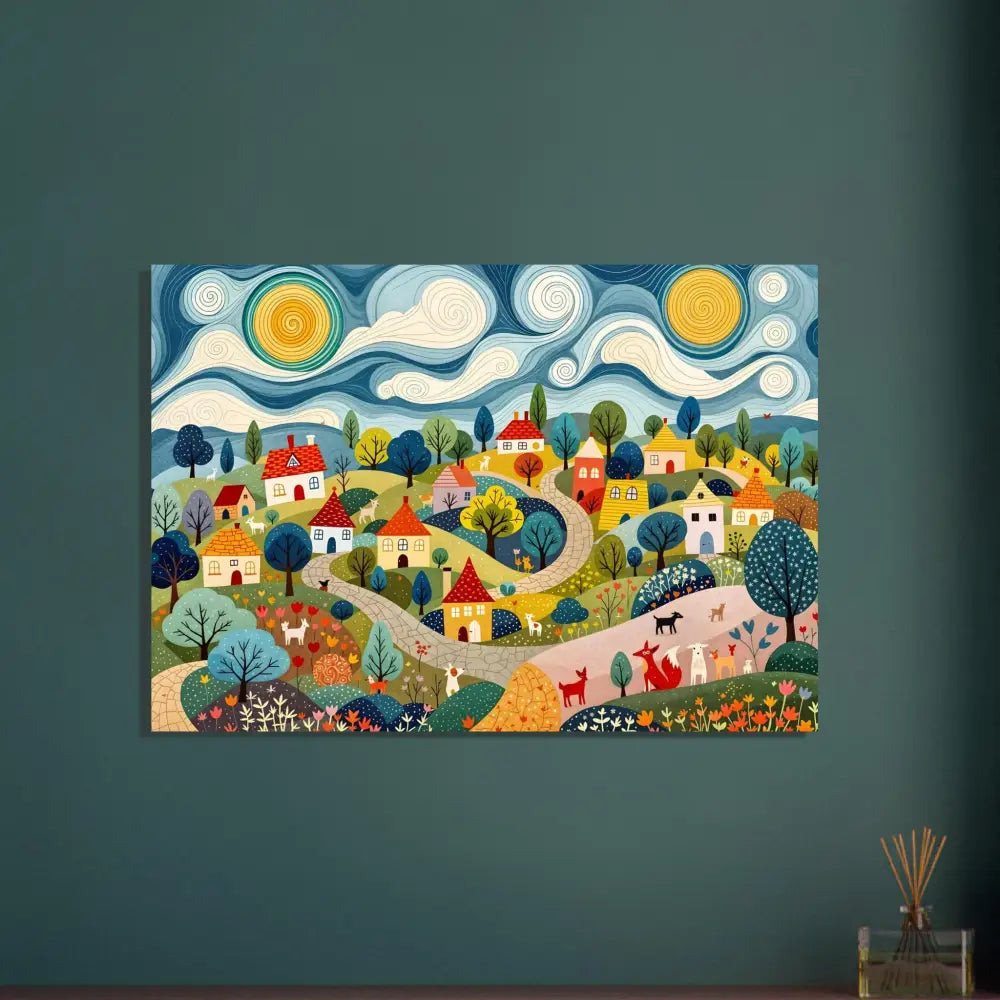 Colorful Village Painting on Fine Art Poster Hillside Harmony PixiOnyx Folk Village Print
