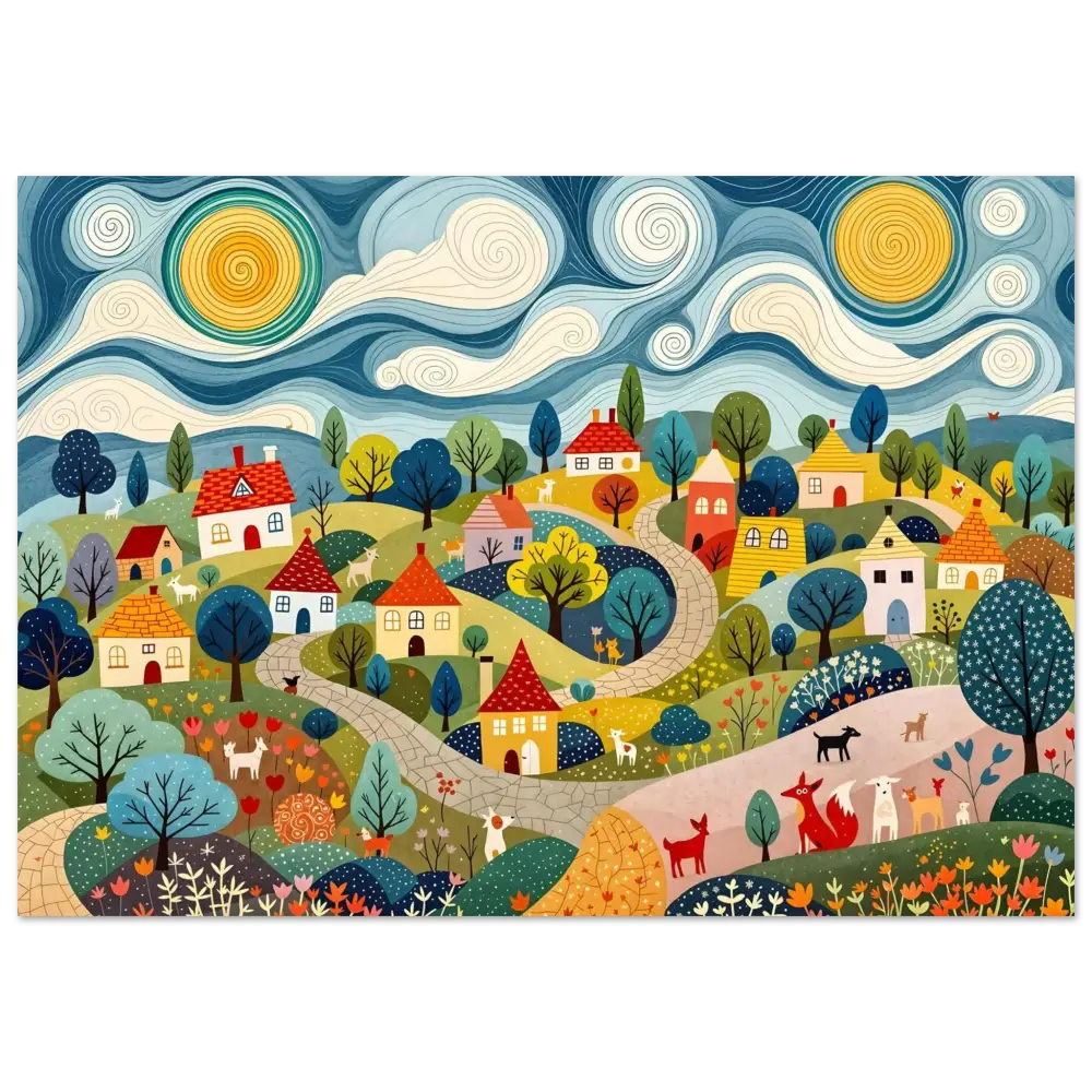 Whimsical village landscape art print for the Fine Art Poster Hillside Harmony by PixiOnyx