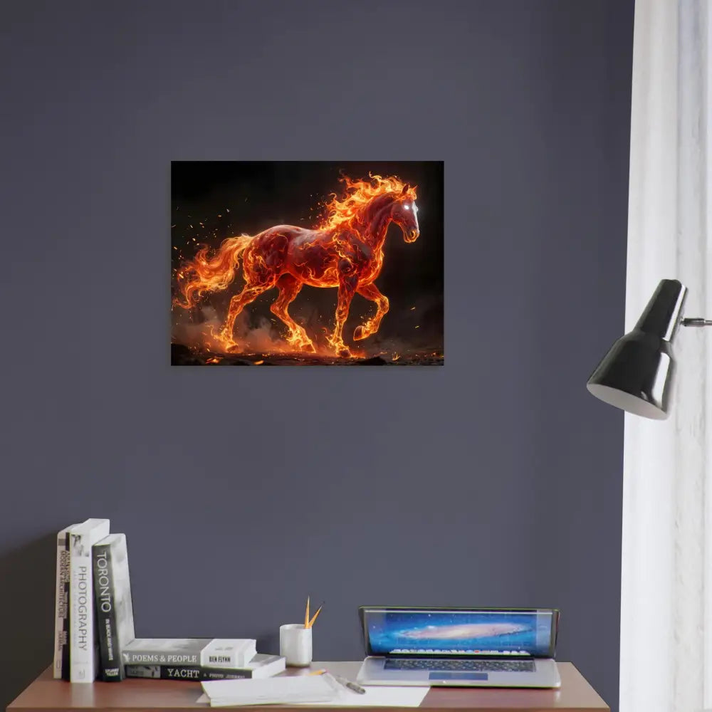 Fine art poster of an inferno stallion engulfed in flames for dynamic wall decor
