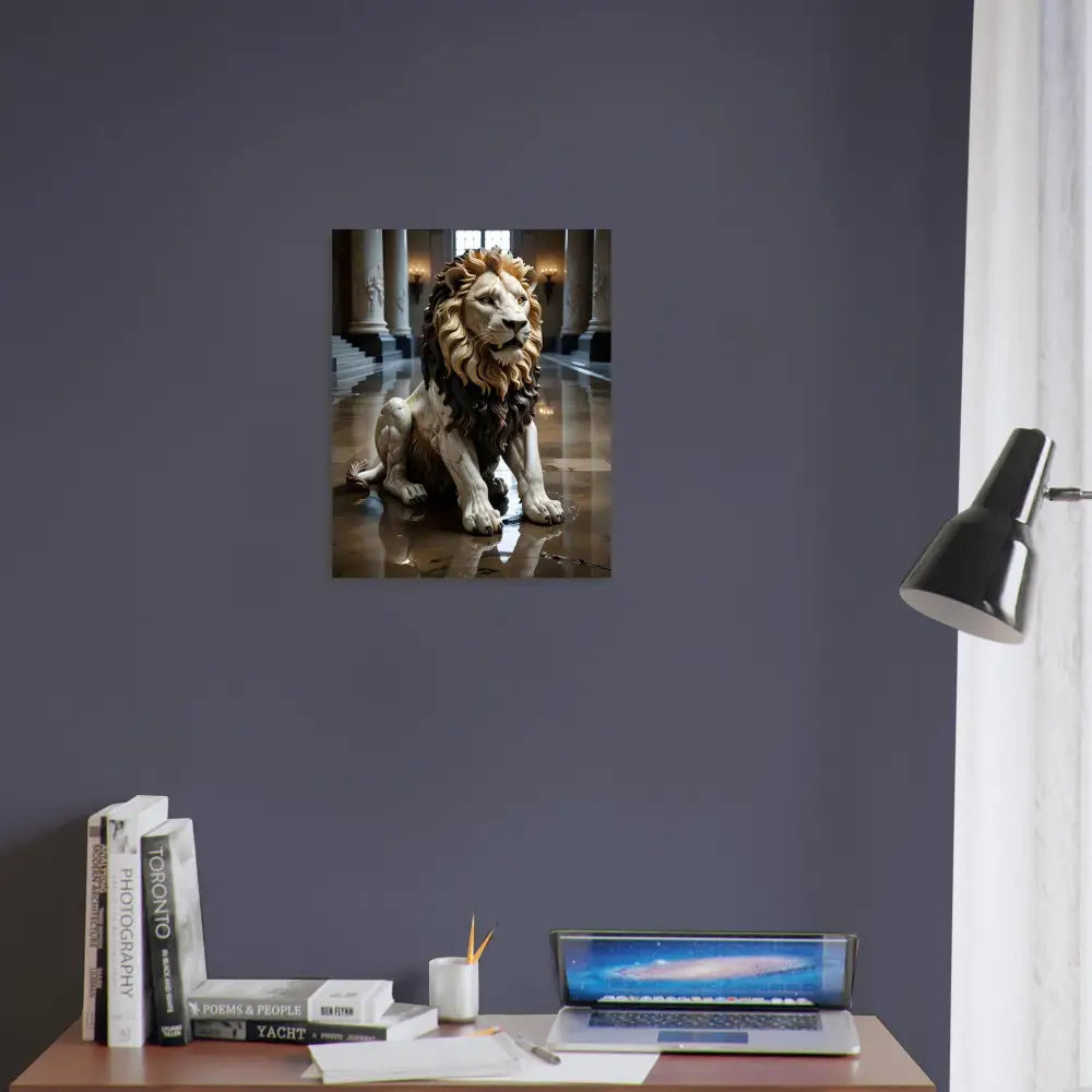 Elegant marble lion statue art print from PixiOnyx Regal Sculpture Series in grand hall