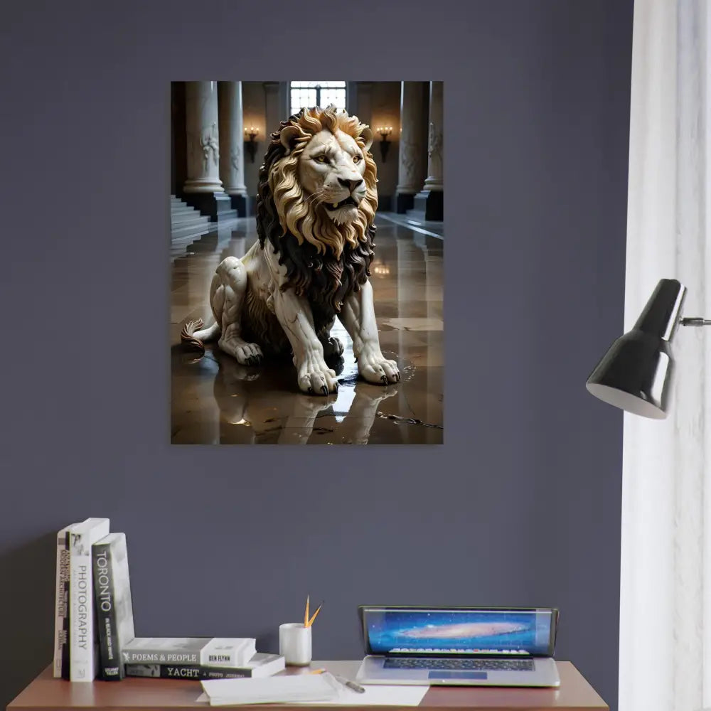 Marble lion statue in a grand hall from PixiOnyx Regal Sculpture Series Fine Art Poster