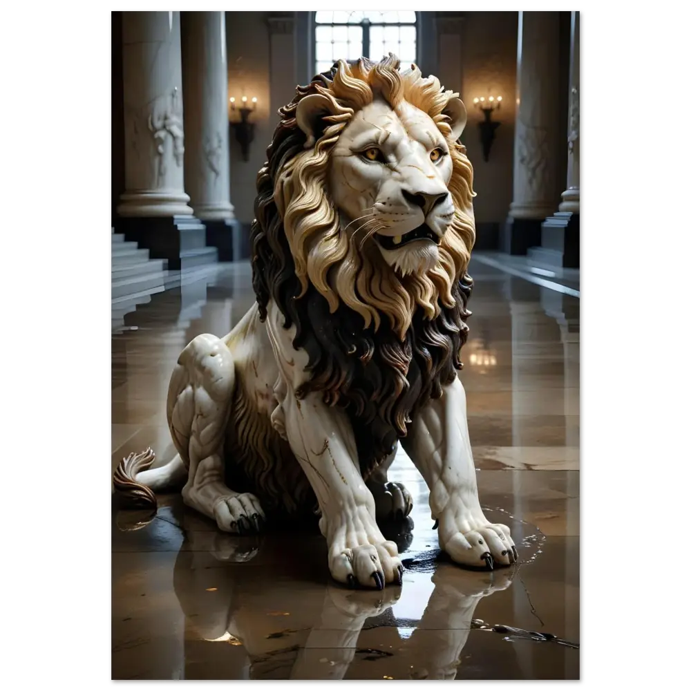 Ornate marble lion statue from PixiOnyx Regal Sculpture Series displayed in a grand hall