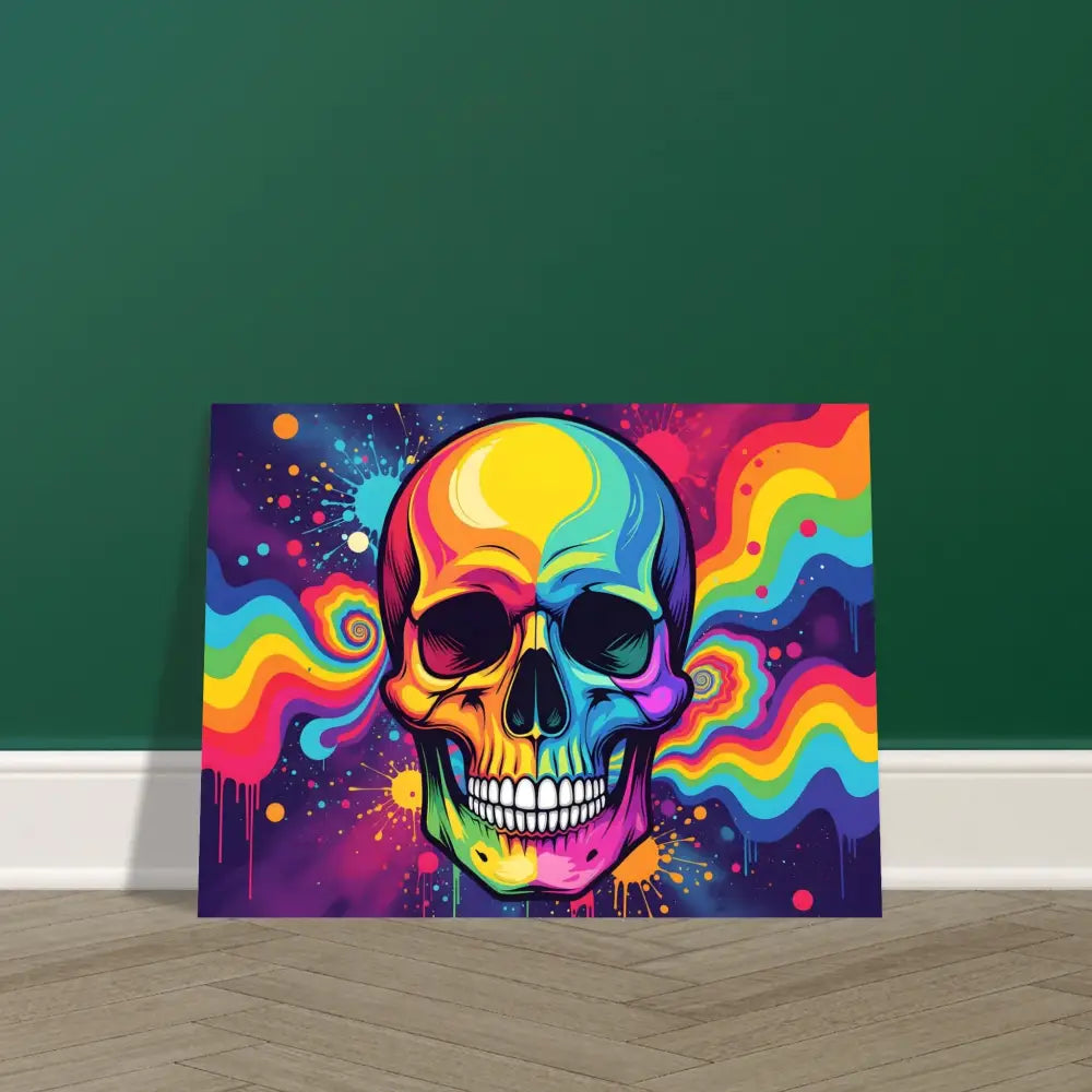Colorful skull artwork displayed on Fine Art Poster Neon Psychedelic Skull by PixiOnyx