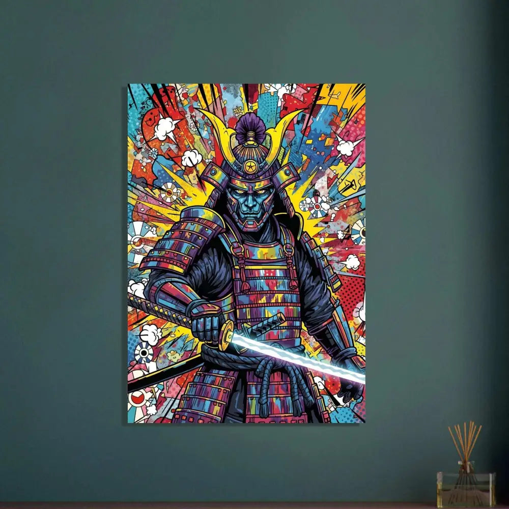 Vibrant pop art-style samurai splash poster showcasing full armor and glowing katana for professional print durability