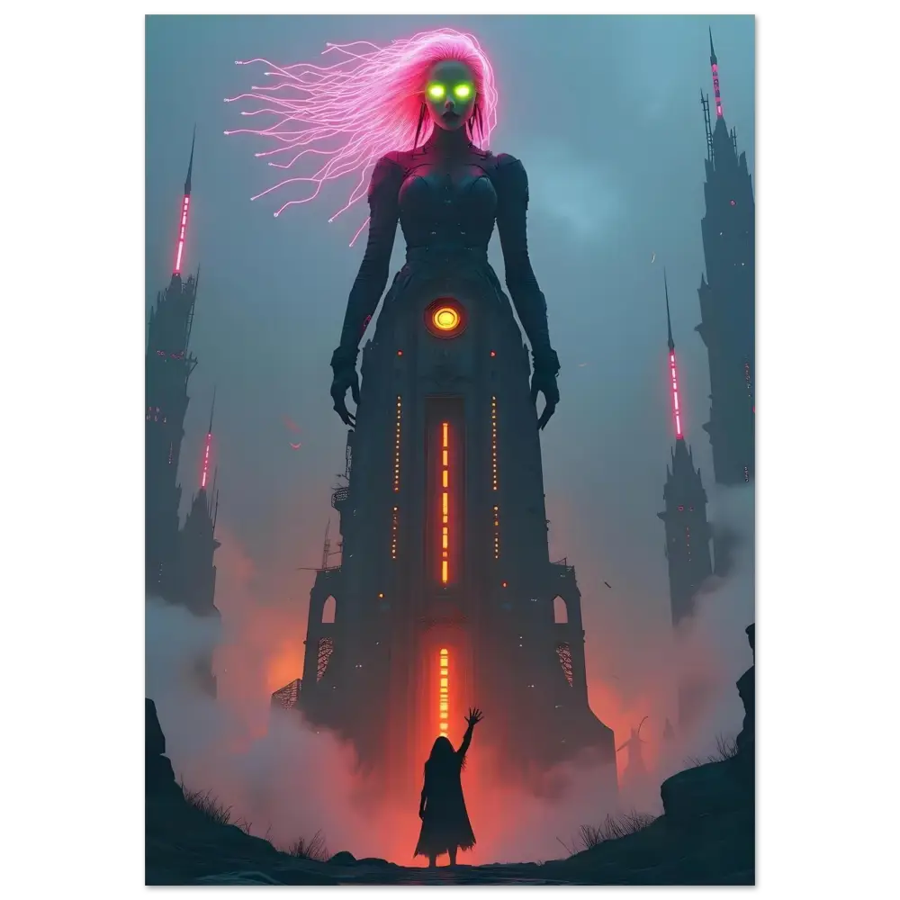 Cybernetic sorceress towering over futuristic cityscape in Sci-fi Fairytale poster