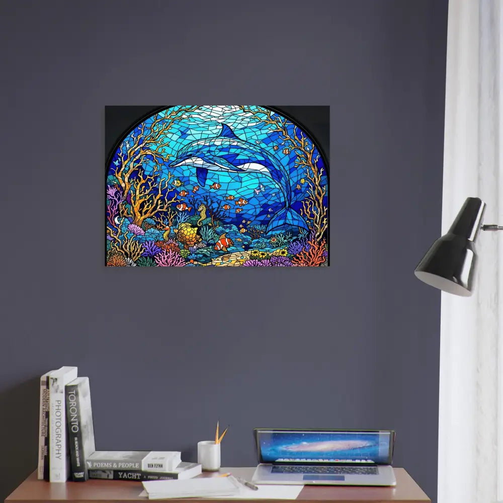 Dolphin stained glass artwork displayed on Fine Art Poster Sea Cathedral PixiOnyx Oceanlight Relic