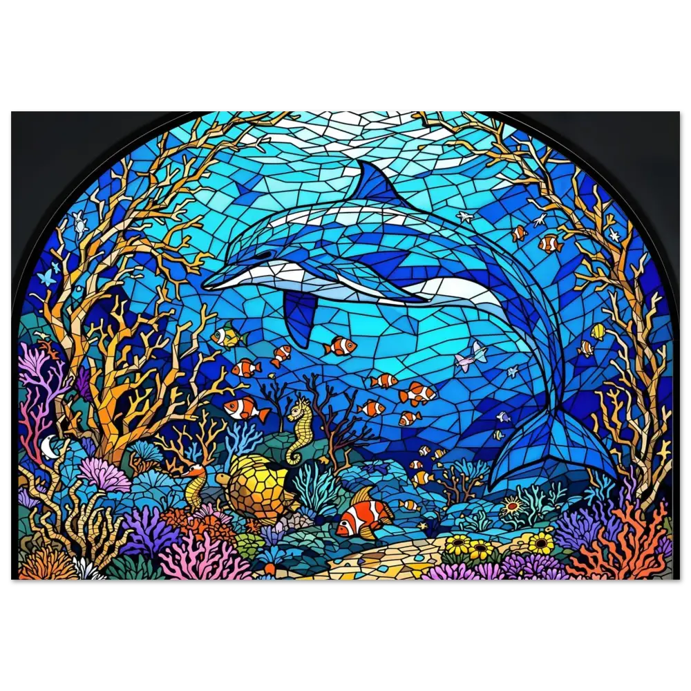 Stained glass dolphin scene from Fine Art Poster Sea Cathedral PixiOnyx Oceanlight Relic