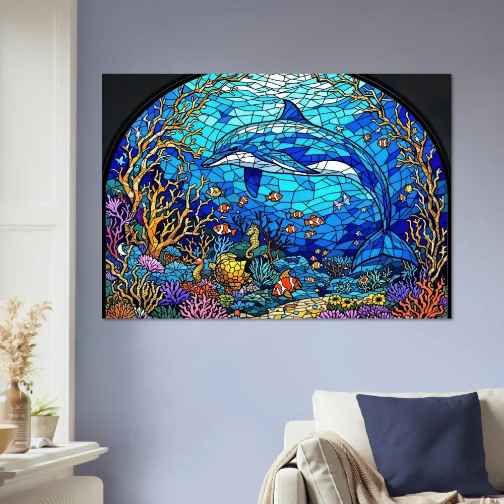 Stained-glass dolphin artwork on Fine Art Poster Sea Cathedral PixiOnyx Oceanlight Relic