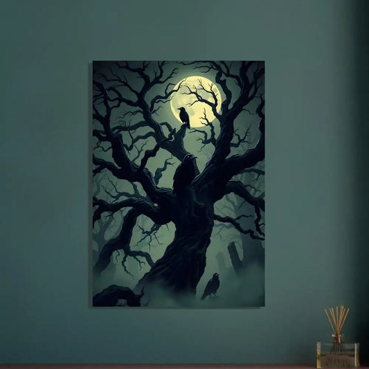 Spooky tree with ravens and full moon on PixiOnyx Omen Series Watcher of the Crooked Moon poster