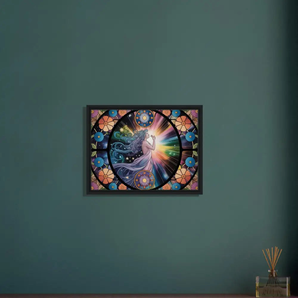 Framed stained glass-style artwork titled Celestial Bloom on PixiOnyx Luxe Starlight Panel