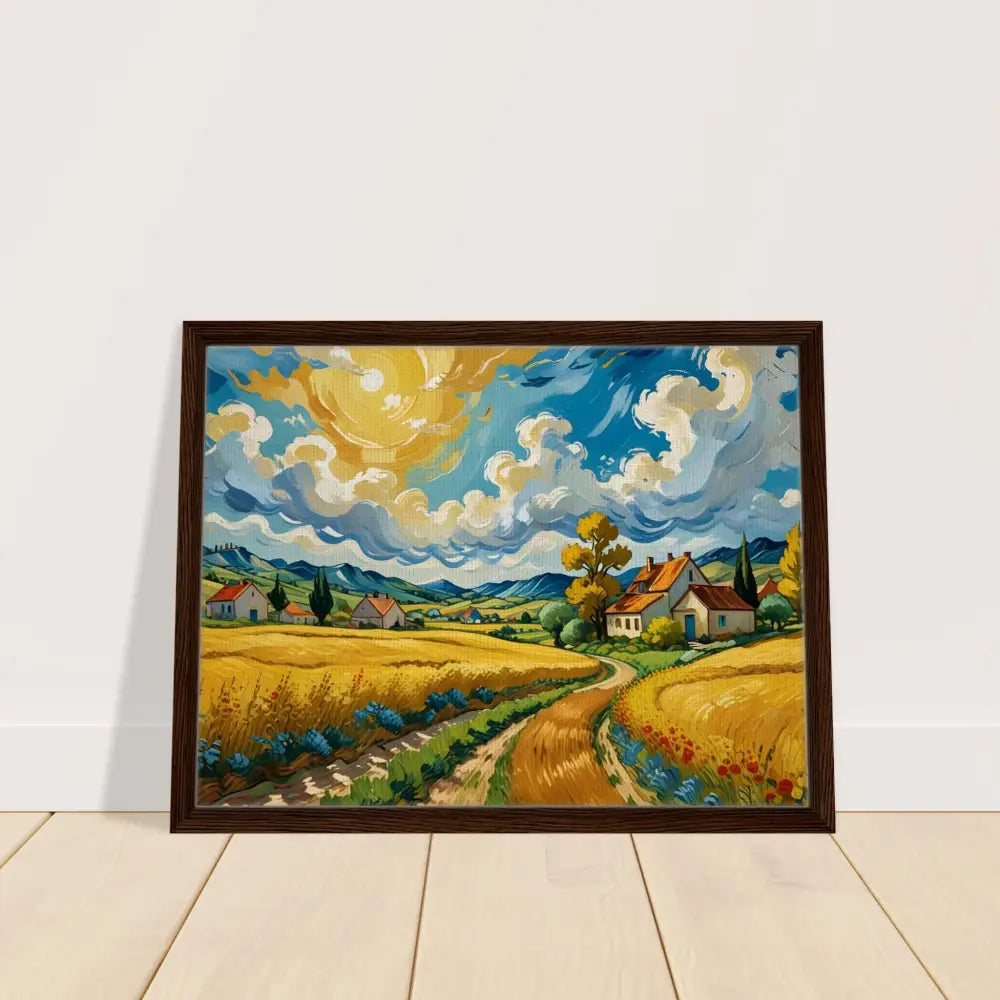 Framed landscape painting of golden fields in the Pastoral Dreamscape Canvas artwork