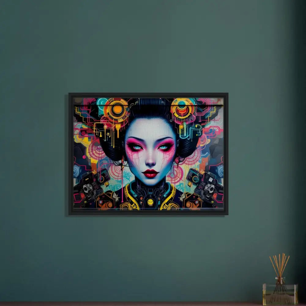Framed cyberpunk geisha art on canvas titled Mech Shrine Geisha by PixiOnyx Urban Circuit Icon