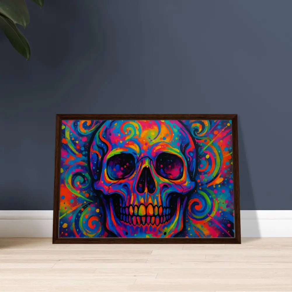 Colorful psychedelic skull artwork in dark frame for PixiOnyx Urban Art Luxe canvas