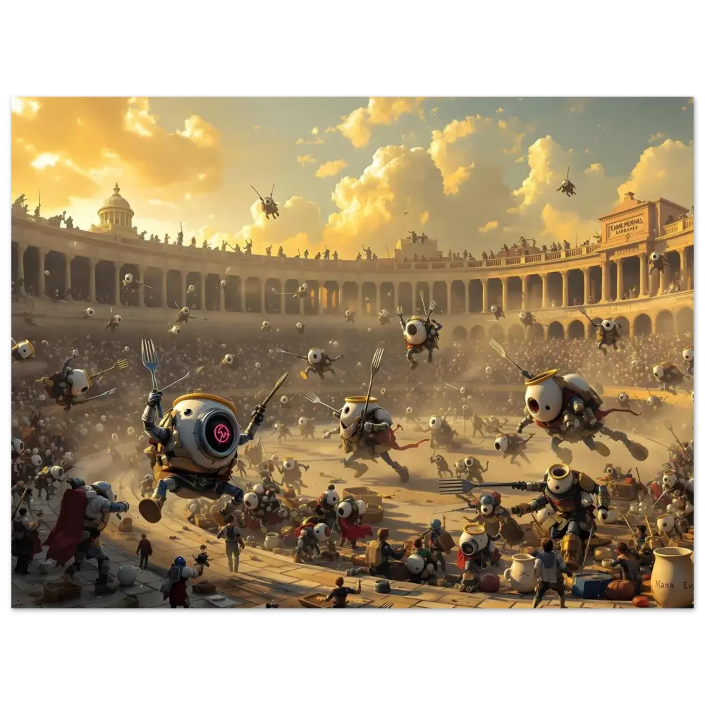 Robotic gladiatorial combat display in Framed Coliseum Chaos Battle of the Breakfast Bots