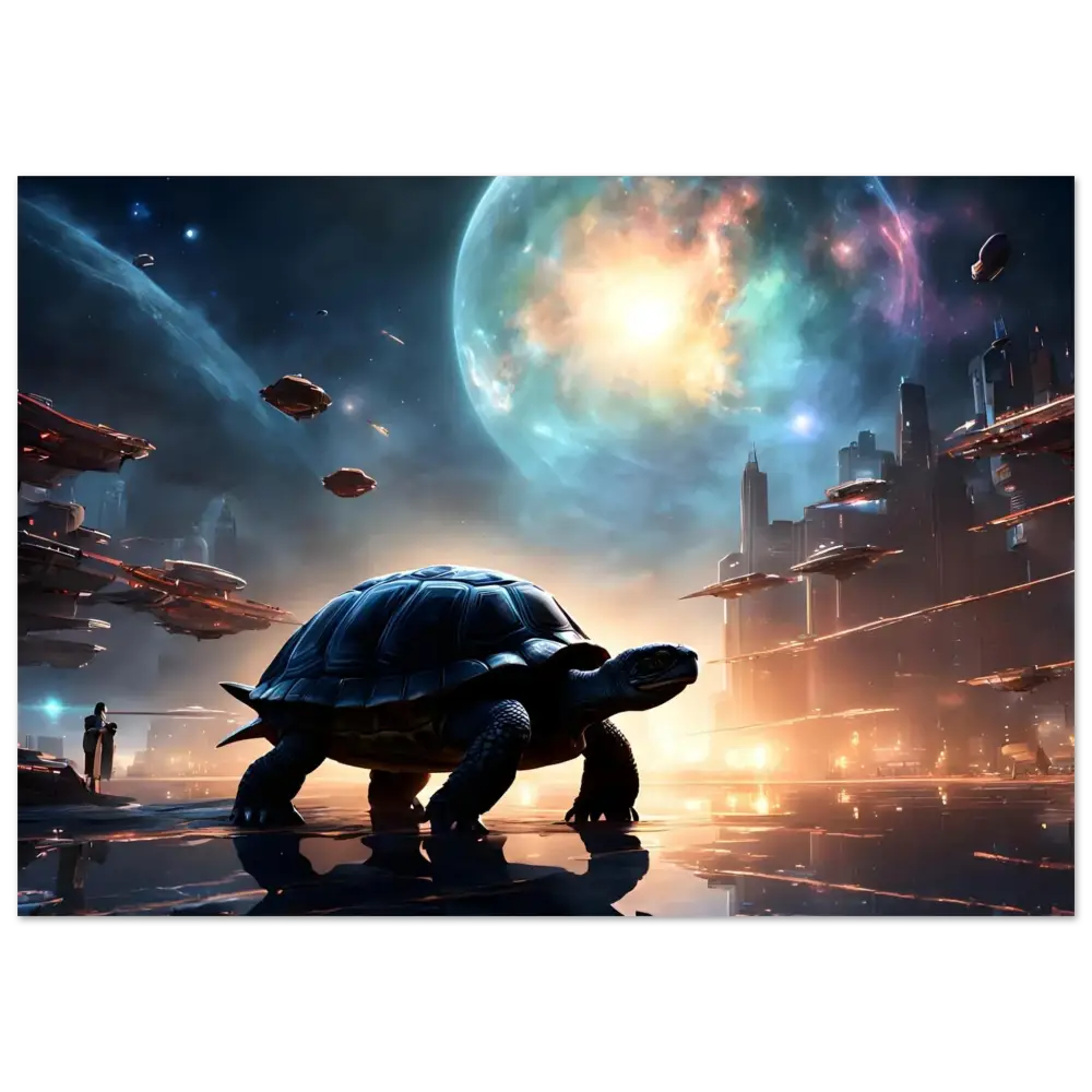 Futuristic turtle in a cityscape on PixiOnyx Matte Wall Display for Framed Cosmic Voyager Poster