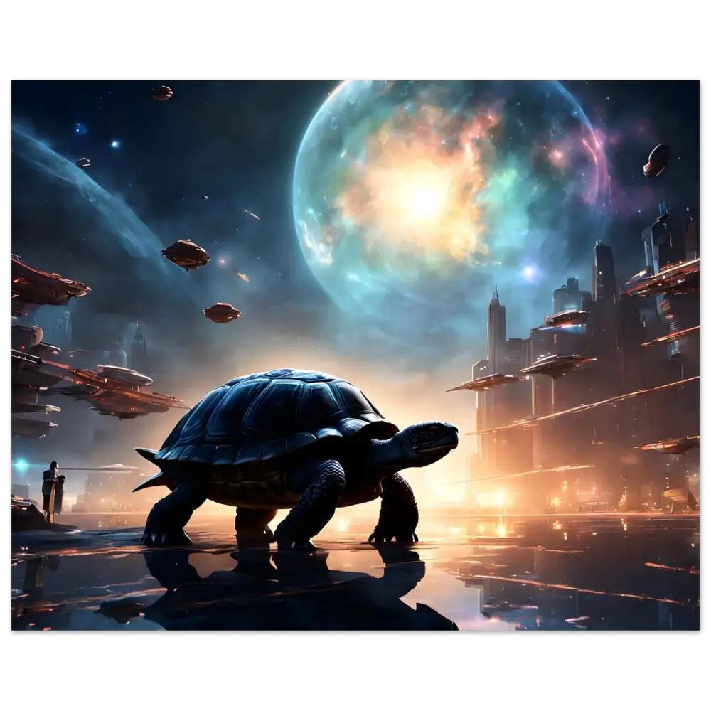 Futuristic turtle artwork featured on Framed Cosmic Voyager Poster Starship Stillness by PixiOnyx