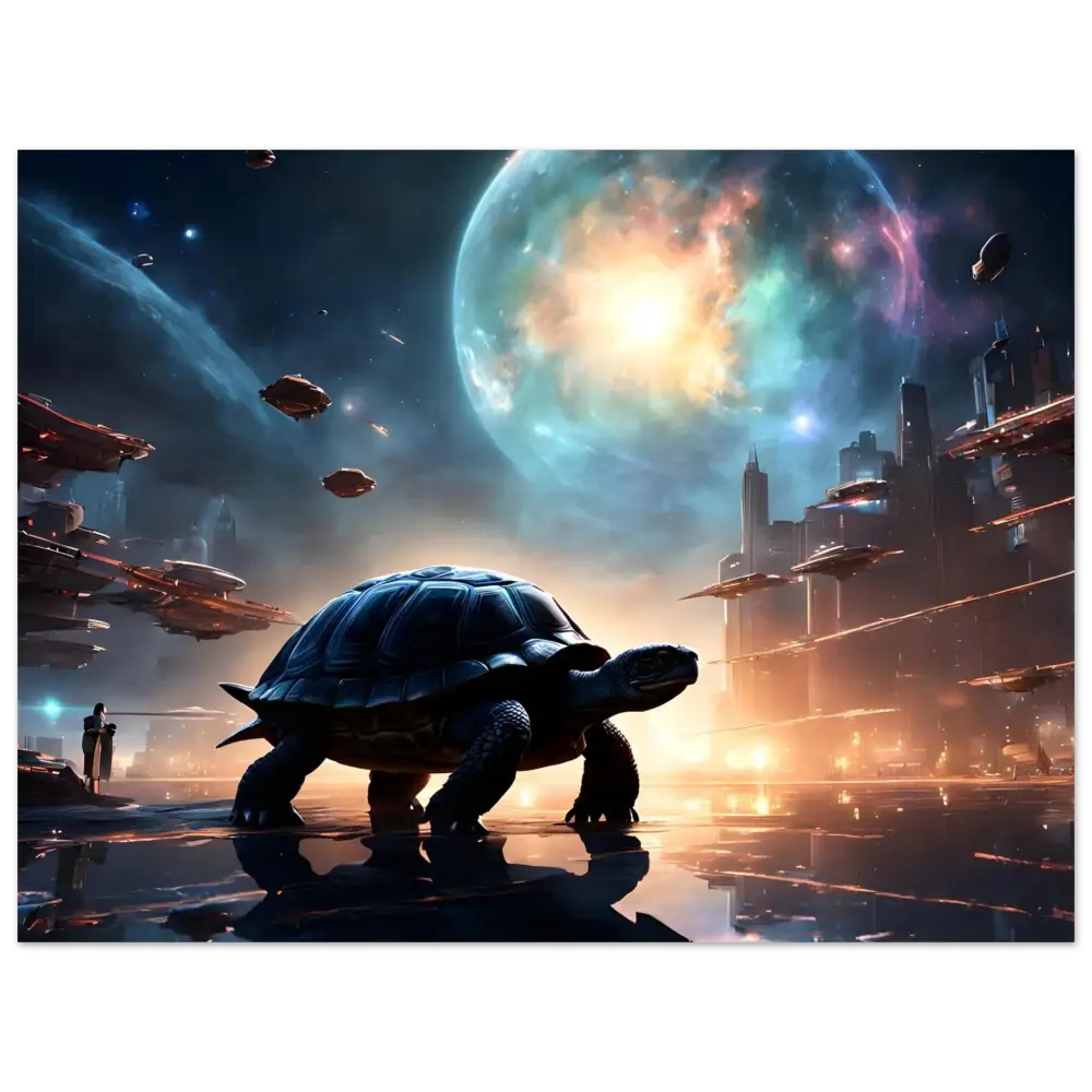 Futuristic turtle in a cityscape for Framed Cosmic Voyager Poster PixiOnyx Matte Wall Display