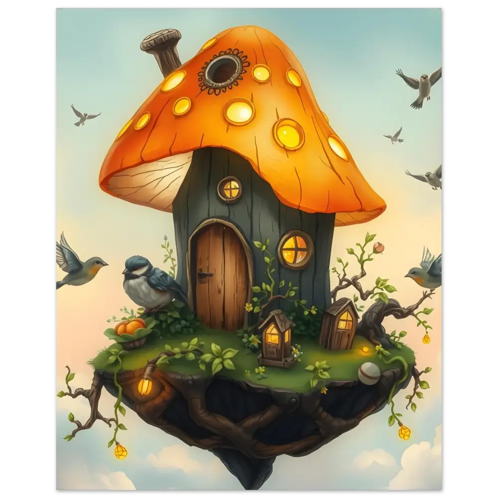 Whimsical mushroom house on a floating island framed art poster Lantern Loft PixiOnyx Fantasy