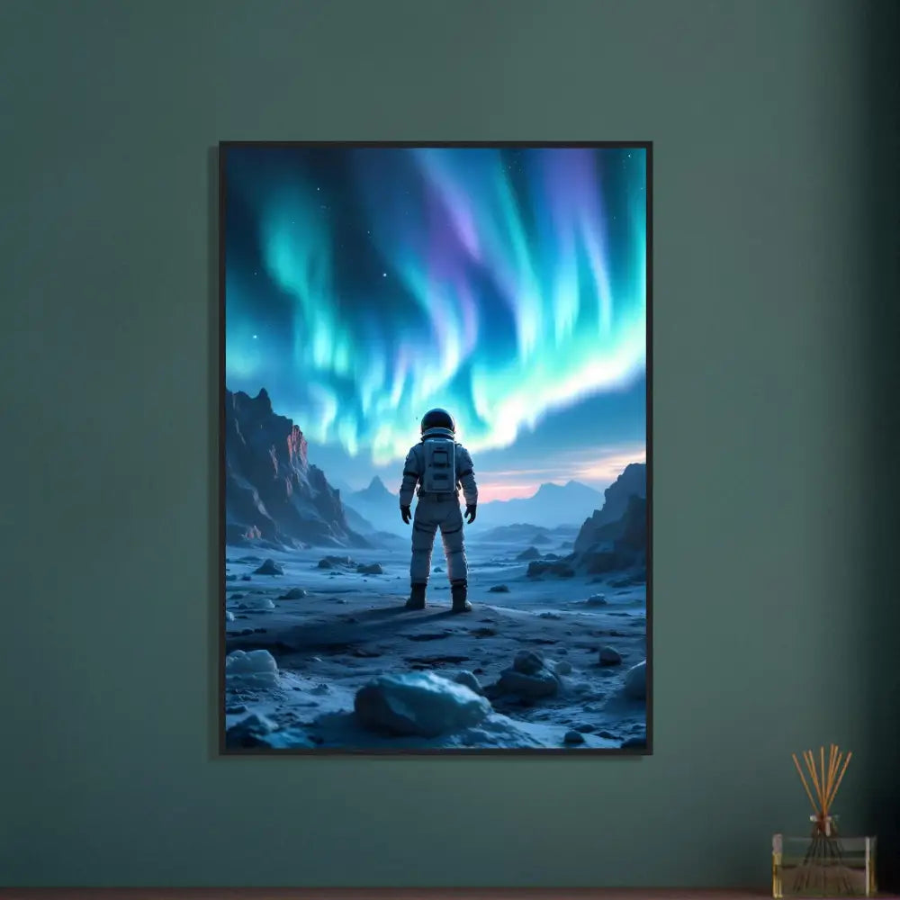 Framed astronaut aurora artwork poster for sci-fi wall decor at PixiOnyx Sci-Fi Wall Capsule