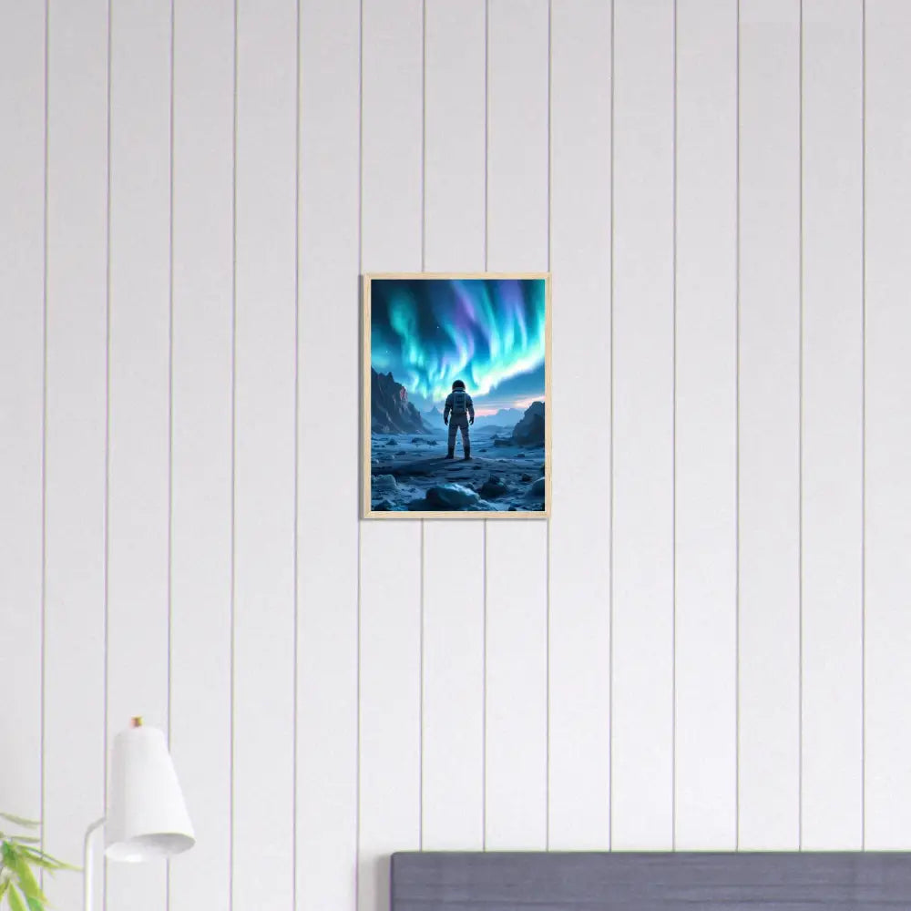 Framed astronaut under aurora art poster for Sci-Fi wall decor in PixiOnyx Capsule