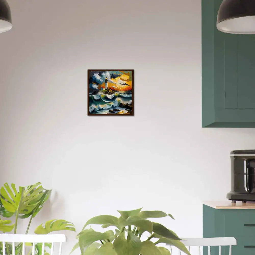 Framed poster of a lighthouse by the sea at sunset, a hypnotic beacon stands in a tempestuous oil-painted dream on PixiOnyx Coastal Wall