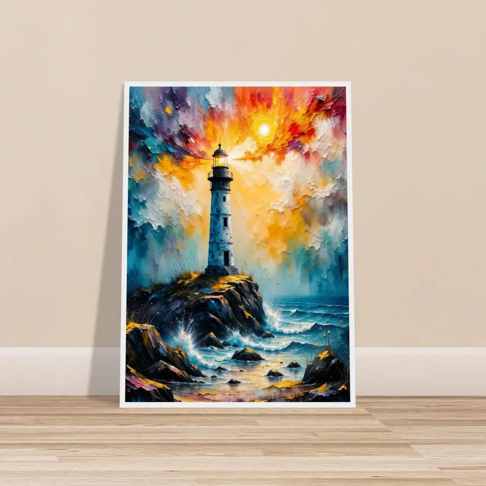 Impressionistic lighthouse painting on rocky coast with sunset, framed in premium semi-hardwood frame