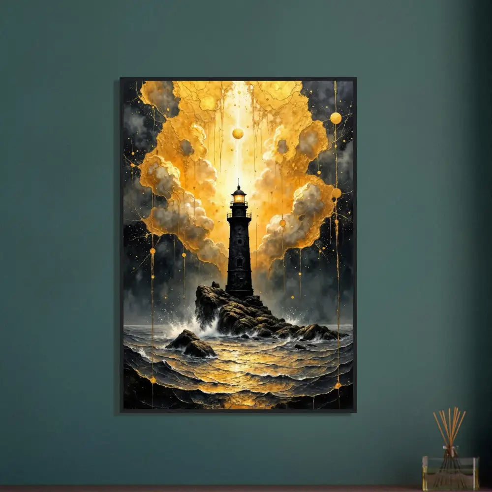 Framed Poster Beacon of the Veil captures celestial drama meets grounded solitude at PixiOnyx Lighthouse