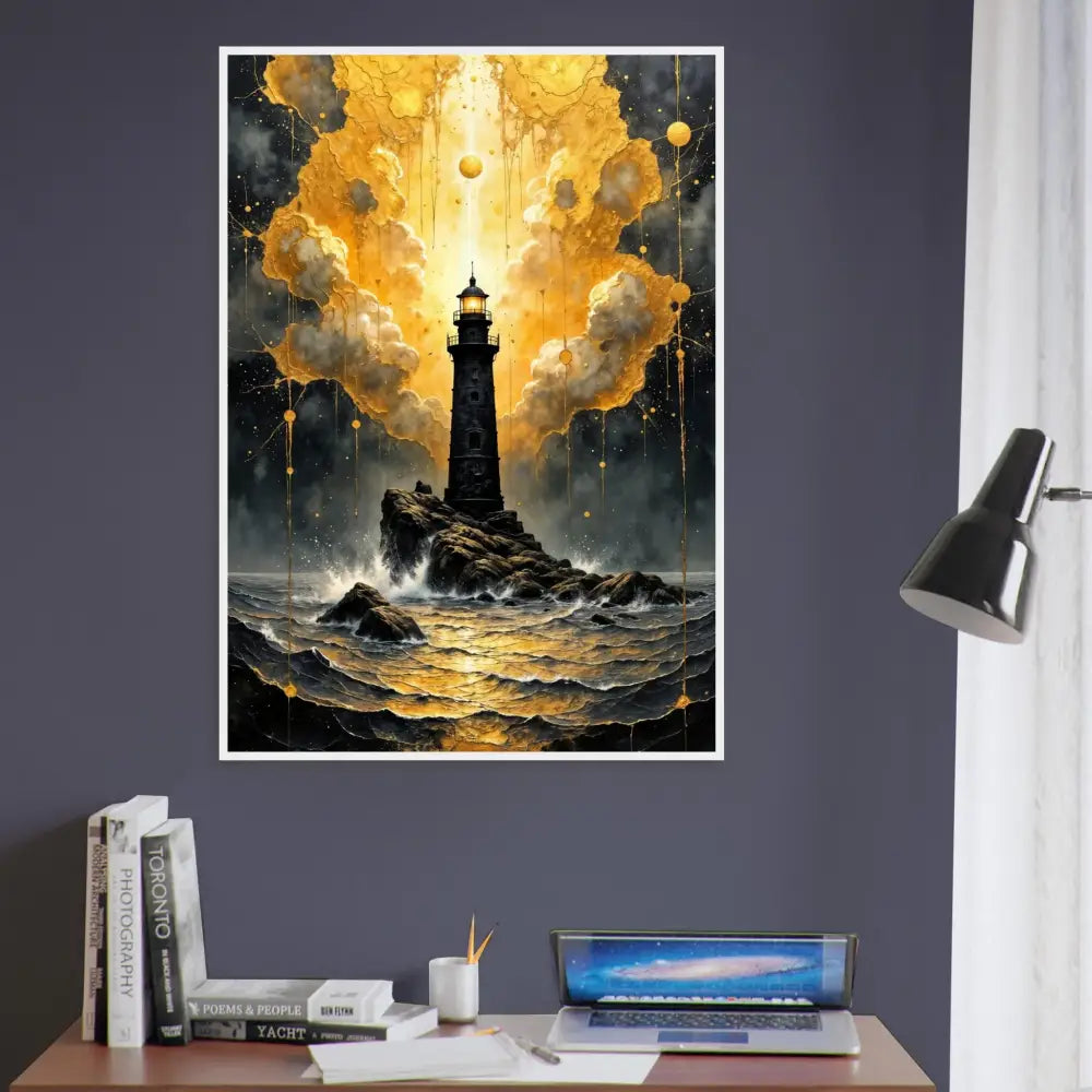 Framed poster of PixiOnyx Lighthouse Reverie showcasing celestial drama meets grounded solitude