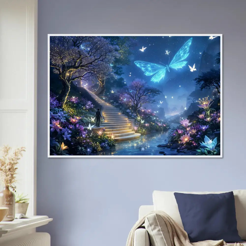 Framed fantasy landscape art poster titled Biolumina The Valley Beyond displayed in PixiOnyx