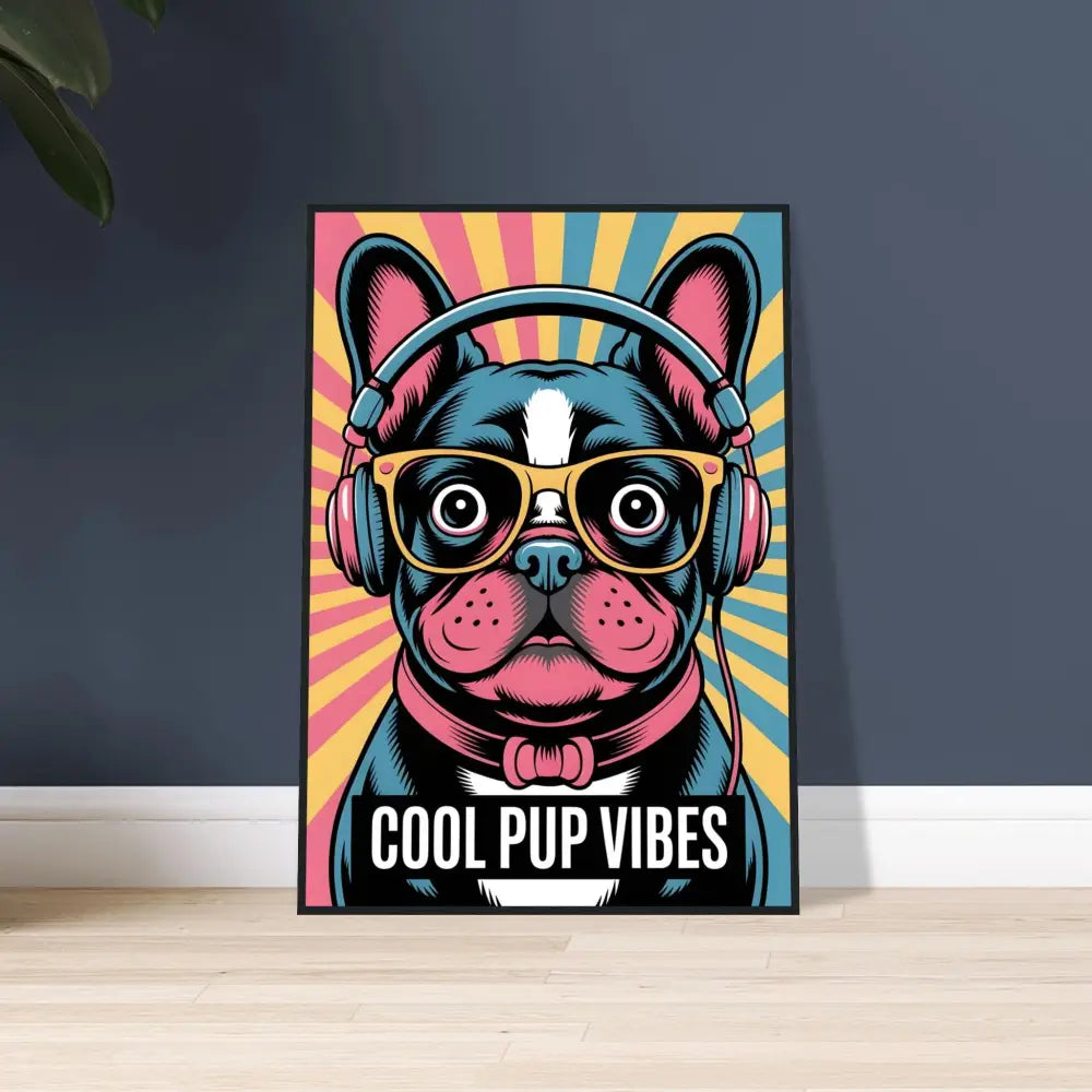Colorful pop art style French bulldog print on pine wood framed poster on durable matte art paper