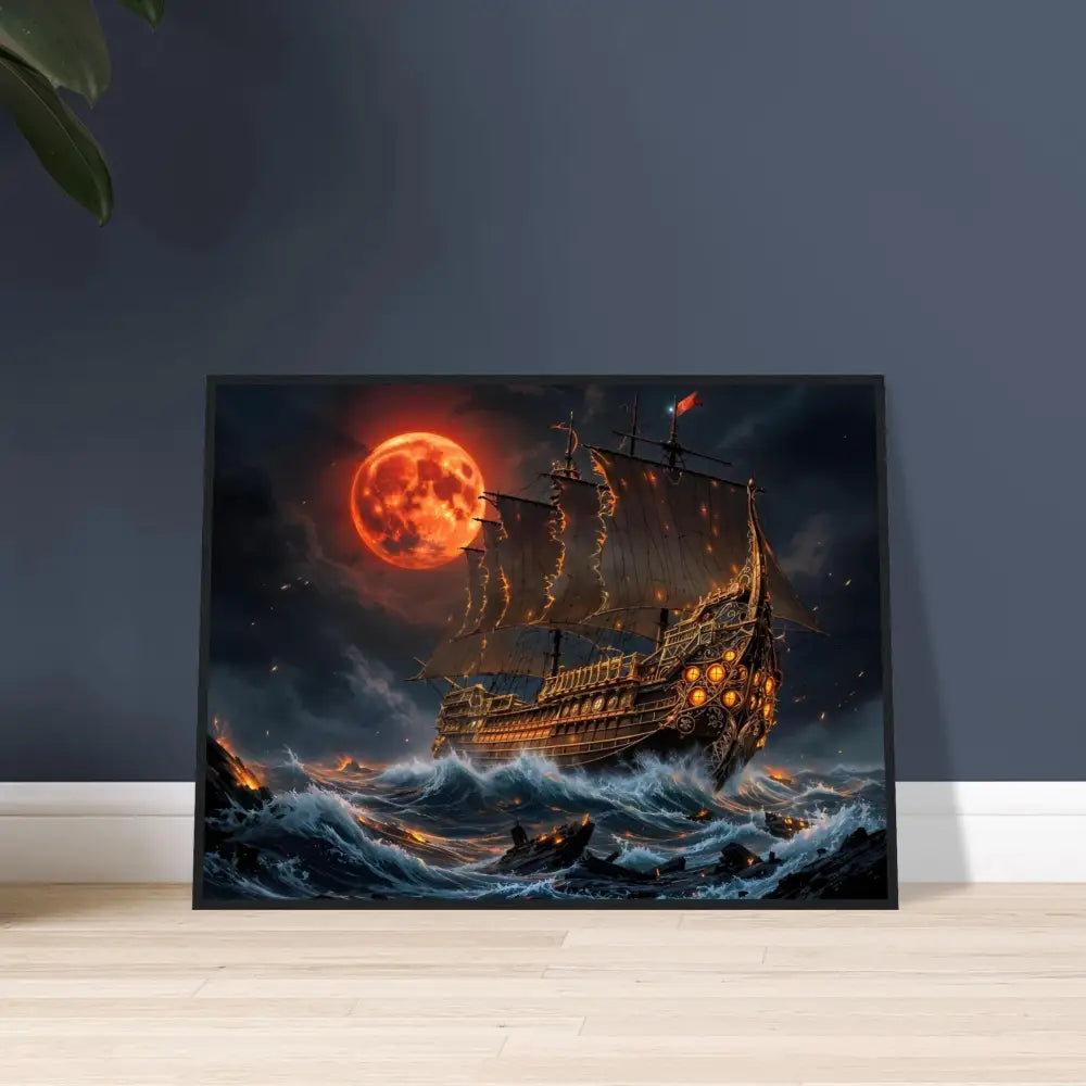 Framed artwork of a pirate ship on rough seas under a blood-red moon for Crimson Reign Gothic Naval display